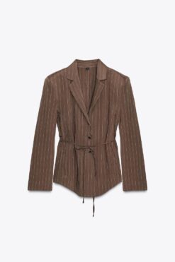 ÁO KHOÁC BLAZER KẺ CÓ ĐỆM VAI KÈM THẮT LƯNG MẢNH