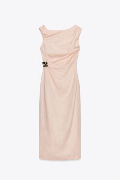 ĐẦM MIDI VẢI PHA LINEN CỔ LỆCH ĐÍNH TRANG TRÍ