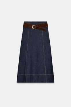 CHÂN VÁY Z1975 DENIM MIDI XẾP LỚP KÈM THẮT LƯNG